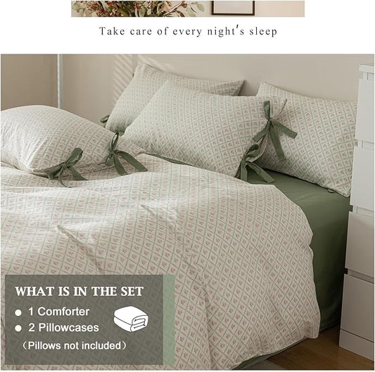 VM VOUGEMARKET Green White Comforter Set Queen with Red Flower Plaid Prints,3 Pieces Cottagecore Bedding Set,Aesthetic 1 Comforter with 2 Bowknot Pillowcases for Girls Women 90x90 Inch