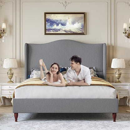 koorlian Queen Size Upholstered Bed Frame with 51'' Tall Headboard, Grey | Reinforced Platform Bed, Easy Assembly, Soft Fabric, Sleigh Wingback, Solid Wood Retro Legs, Noise-Free, Classic & Simple