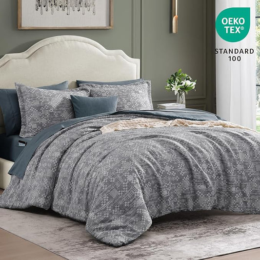 MaiRêve Queen Comforter Set Navy Blue, Crinkle Textured Design Bedding Set 7 Pieces Bed in A Bag, All Season Farmhouse Comforter Set with Sheets, Pillowcases & Shams