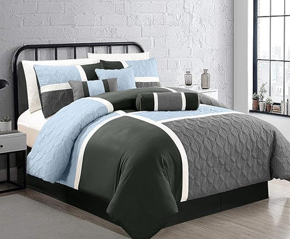 Chezmoi Collection Upland 7-Piece Quilted Patchwork Comforter Set, Gray/Light Blue/Charcoal, King