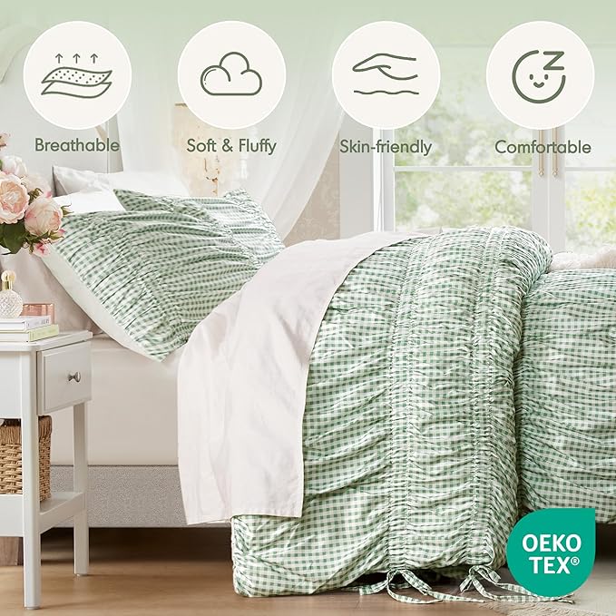 Intelligent Design Ella King Comforter Set – Ruched Gingham Shabby Chic Bedding, Bow-Tie Detail, All Season Lightweight 3 Piece Bedding Set, Sham, King/Cal King, Green
