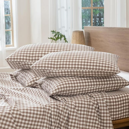 MooMee Bedding Pillowcases Pack of 4 100% Washed Cotton Linen Like Textured Breathable Durable Soft Comfy (Brown Gingham, Queen)