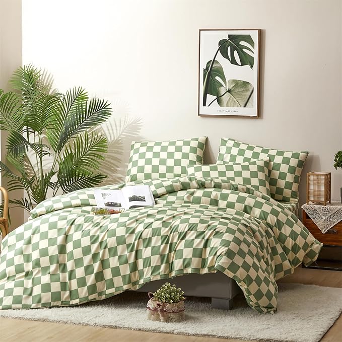 CLOTHKNOW Green White Grid Full Size Comforter Sets Plaid Bedding Comforter Sets Soft Checker Geometric Comforter with 2 x Pillow Cases