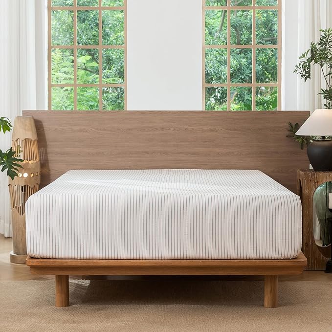 MooMee Stripes Fitted Bottom Sheet Only 100% Washed Cotton Linen Like Textured Breathable Durable Soft Comfy Deep Pocket (White Orange Wide Stripes, Queen)