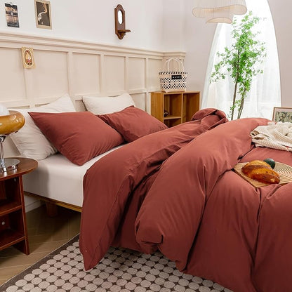ECOCOTT Duvet Cover Queen Size - Linen Feel Organic Natural 100% Washed Cotton, Soft Breathable 3 Pieces Bedding Set with Zipper Closure, Burnt Brick Red