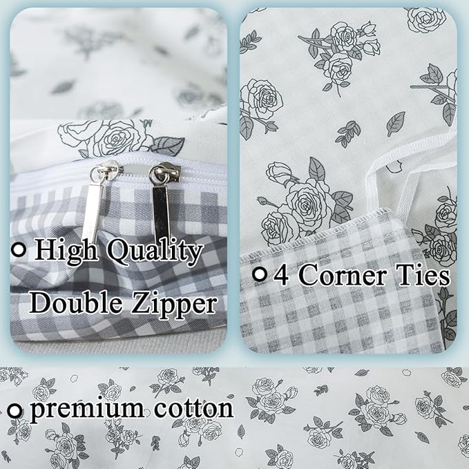 FADFAY Twin Size Duvet Cover Set 100% Cotton Grey White Floral Comforter Cover Soft Breathable Girls Bed Cover Farmhouse Bedding with Hidden Zipper 3 Pcs, Twin