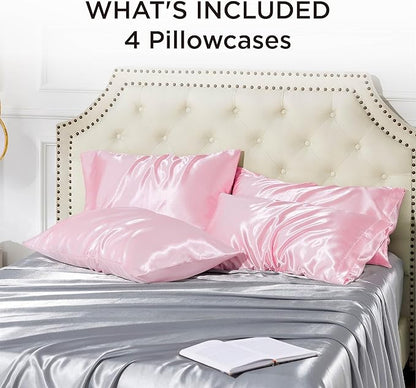 Bedsure King Size Satin Pillowcase Set of 4 - Pink Silky Pillow Cases for Hair and Skin, 20x36 Inches, Pillow Covers with Envelope Closure, Similar to Silk, Gifts for Women & Men