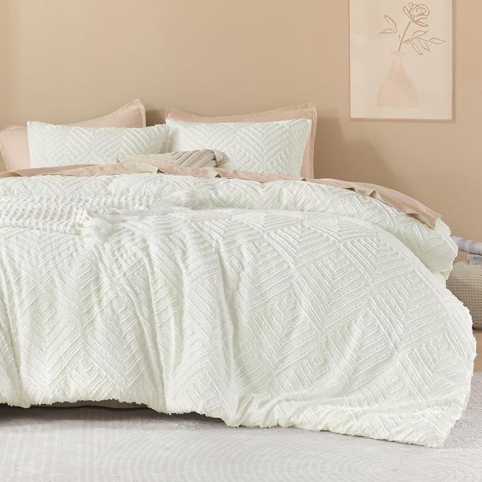 Litanika California King Comforter Set Ivory, 3 Pieces Tufted Boho Farmhouse Bedding Comforter Sets, Lightweight Fluffy Comforter Bed Set All Season (104x96In Comforter & 2 Pillowcases)