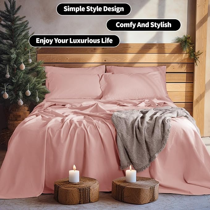 LBRO2M 100% Pure Linen Sheet Set Deep Pocket Up to 16" Bed Sheets Sets, Natural Flax Beddings Soft, Breathable, Comfortable for All Seasons 6 Pcs Sheet Set King Size, Blush Pink