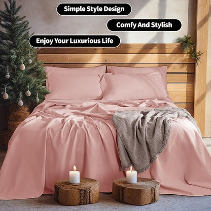 LBRO2M 100% Pure Linen Sheet Set Deep Pocket Up to 16" Bed Sheets Sets, Natural Flax Beddings Soft, Breathable, Comfortable for All Seasons 6 Pcs Sheet Set King Size, Blush Pink