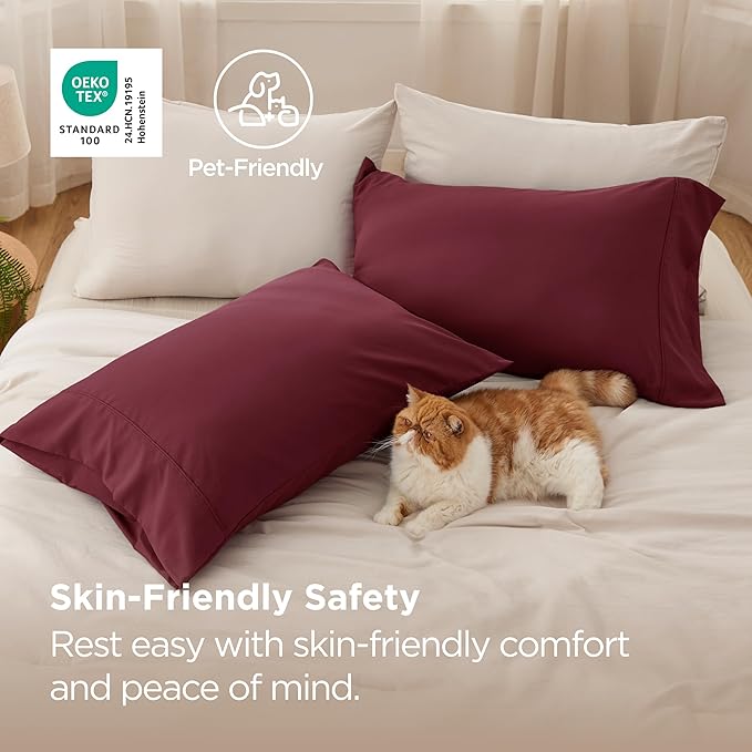Bedsure King Size Pillow Cases Set of 2 - Burgundy Red Brushed Microfiber Pillowcases 2 Pack, Super Soft Pillow Case Cover with Envelope Closure for Kids, Wrinkle, Fade Resistant, 20x36 Inches