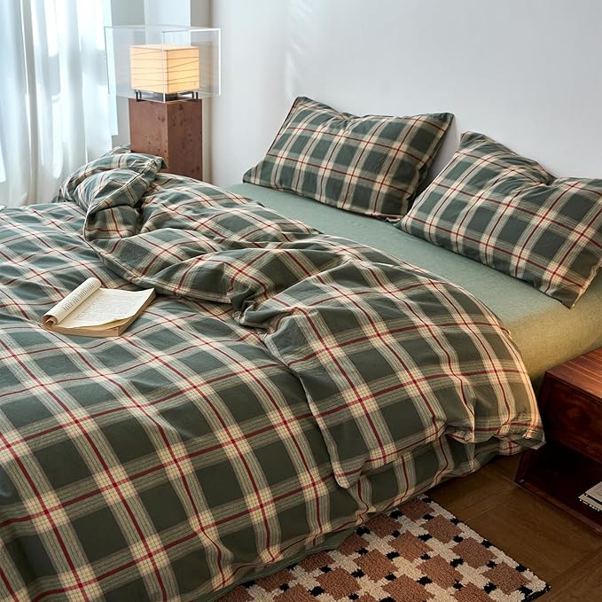 EAVD Vintage Green Buffalo Plaid Comforter Set Twin XL Soft 100% Washed Cotton Retro Green&Red Grid Checkered Bedding Set with 2 Pillowcases Farmhouse Gingham Comforter Set for All-Season
