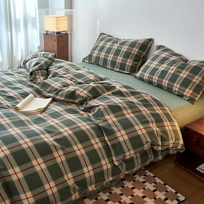 EAVD Vintage Green Buffalo Plaid Comforter Set Twin XL Soft 100% Washed Cotton Retro Green&Red Grid Checkered Bedding Set with 2 Pillowcases Farmhouse Gingham Comforter Set for All-Season