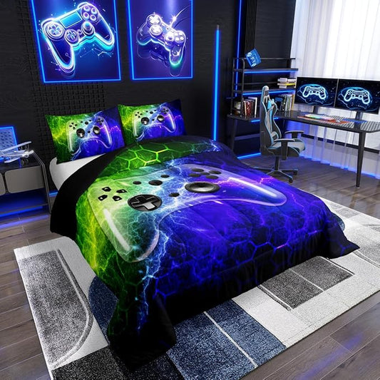 Kids Boys Gamer Bedding Set Honeycomb Gaming Comforter Set for Teens Video Game Gampad Quilt Game Room Decor, Green Blue Gradient Honeycomb Duvet Insert,3Pcs (1 Comforter 2 Pillowcases)（Full Size）