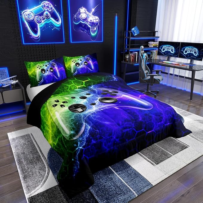 Erosebridal King Size Comforter Set for Kids Boys Gamer Bedding,Honeycomb Gaming Comforter for Teen Kids Lighting Gamepad Quilt Geometric Soft Neon Video Game Room Decor with 2 Pillowcases