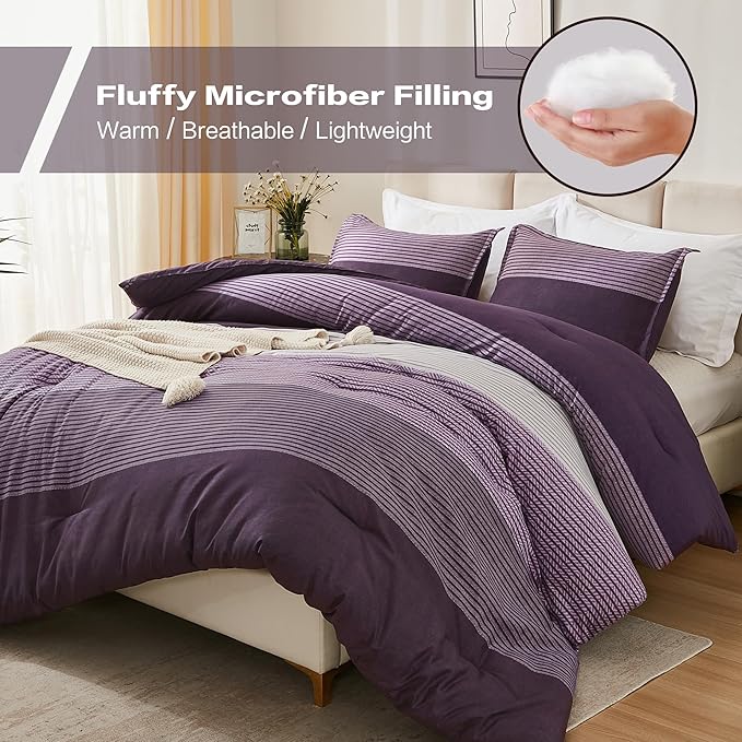 Litanika Purple Comforter Set Super King Plus - 3 Pieces Lightweight Gray Purple Colorblock Stripe Fluffy Bedding Comforter Sets, All Season Bed Set