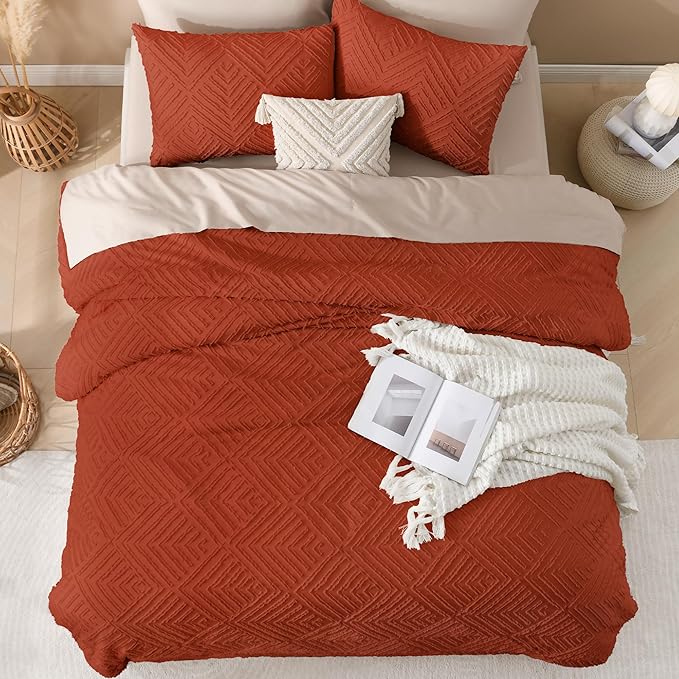 Andency Burnt Orange Oversized King Comforter 128''x120'', 3 Pieces Terracotta Soft Boho Bedding Set & Collections, All Season Farmhouse Tufted Fluffy Bed Set (1 Comforter, 2 Pillowcases)