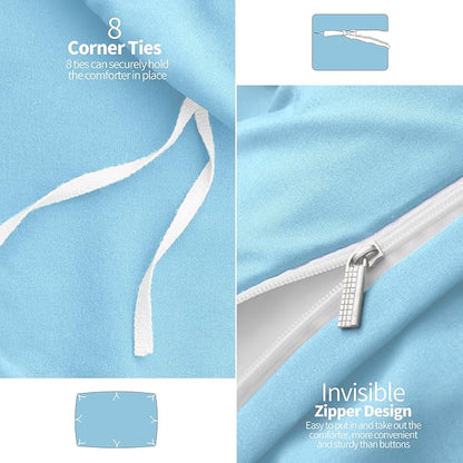 VACVELT 5 Piece Pinch Pleated Duvet Cover Full/Queen Size Set, Light Blue Pintuck Duvet Cover with Zipper & 8 Ties, Shabby Chic Microfiber Duvet Cover + 2 Pillow Shams + 2 Pillowcases, No Comforter
