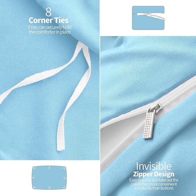 VACVELT 5 Piece Pinch Pleated Duvet Cover King Size Set, Light Blue Pintuck Duvet Cover with Zipper & 8 Ties, Shabby Chic Microfiber Duvet Cover + 2 Pillow Shams + 2 Pillowcases, No Comforter