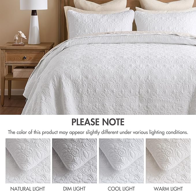 Madison Park Quebec Reversible Quilt Set Damask Design, Double Sided Stitching All Season, Lightweight Bedspread Bedding Set, Matching Sham, White, Oversized King(120"x118") 3 Piece
