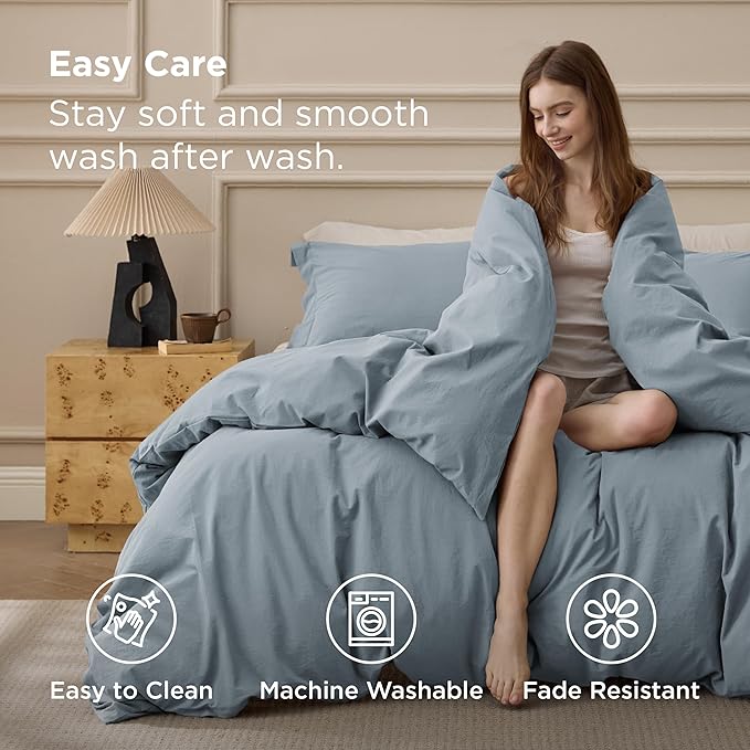 Bedsure 100% Washed Cotton Duvet Cover Queen Size - Dusty Blue Minimalist Cotton Bedding Linen Like for All Seasons - GentleSoft™ Plain Simple Duvet Cover, 3 Pieces (Dusty Blue, Queen, 90"x90")
