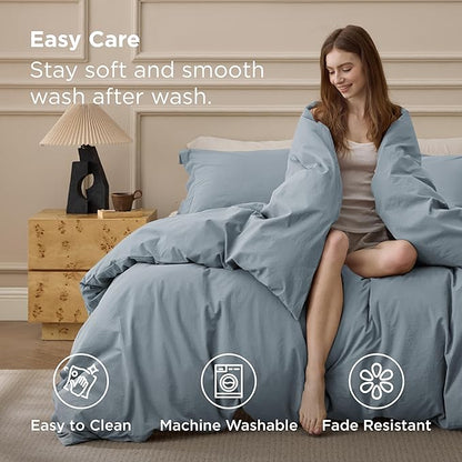 Bedsure 100% Washed Cotton Duvet Cover King Size - Dusty Blue Minimalist Bedding Set Linen Like - PureWoven Plain Simple & Soft Comforter Cover for All Seasons (Dusty Blue, King, 104"x90")