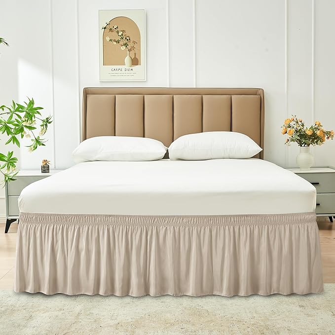 Biscaynebay Wrap Around Bed Skirts for King & Cal King Beds 14" Drop, Light Camel Adjustable Elastic Dust Ruffles Easy Fit Wrinkle & Fade Resistant Silky Luxurious Fabric Solid Machine Washable