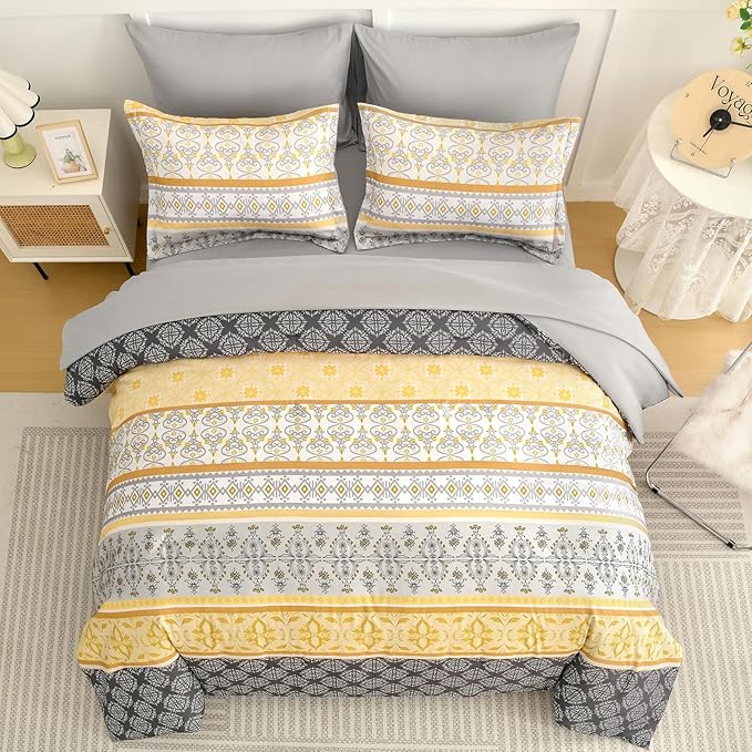 WONGS BEDDING Boho Comforter Set King Size,7 Pieces Bed in a Bag Bohemian Striped Bedding Set,Yellow Paisley Floral Comfortet and Sheet Set,Soft Microfiber Bedding Sets for All Season