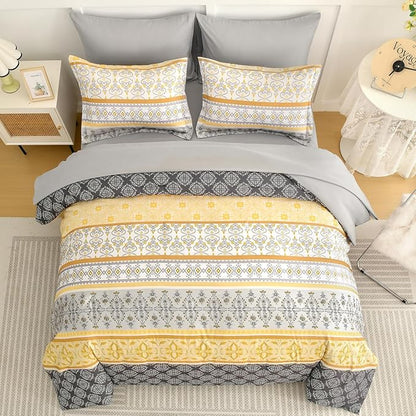 WONGS BEDDING Boho Comforter Set King Size,7 Pieces Bed in a Bag Bohemian Striped Bedding Set,Yellow Paisley Floral Comfortet and Sheet Set,Soft Microfiber Bedding Sets for All Season