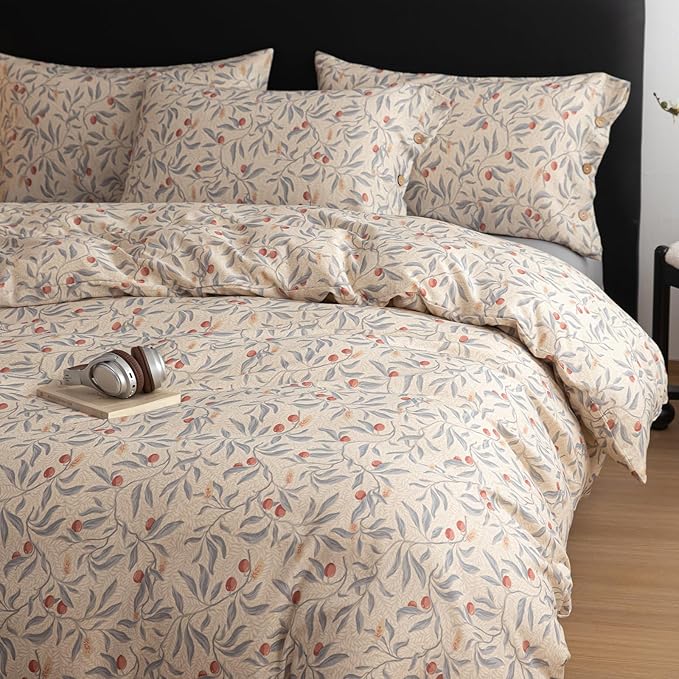 mixinni Cotton Linen Floral Duvet Cover Set, Vintage Botanical Print Comforter Cover with Wooden Buttons,Soft Breathable Blue Red Floral Boho Farmhouse Bedding Set for All Season-Queen Size