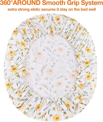 JSD Yellow Floral Printed Sheet Set Full Size, 4 Piece Soft Botanical Microfiber Bedding Sheets Extra Deep Pocket