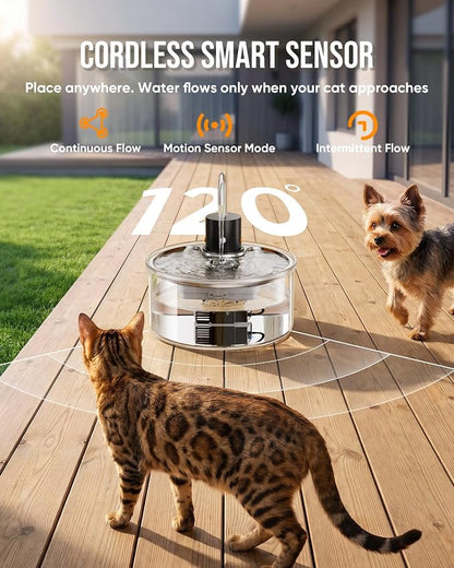 Wireless Cat Water Fountain Glass DIY - 108oz/3.2L Automatic Ultra-Quiet Cat Water Fountain Cordless, Glass Battery Operated Pet Fountain Rechargeable Water Dispenser for Cats, Puppy, Multiple Pets