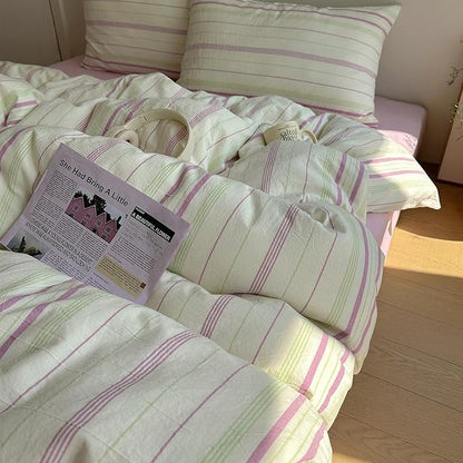 EAVD Vintage Style Striped Duvet Cover Full Size Soft 100% Cotton Green Purple Vertical Stripes Pattern Bedding Set with 2 Pillowcases Reversible Farmhouse Geometric Pattern Duvet Cover with Zipper