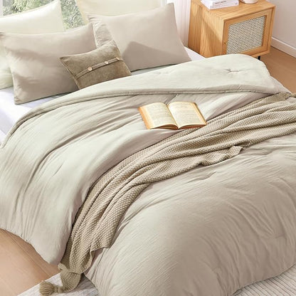 WRENSONGE Full Size Comforter Sets - 3 Pieces Light Oatmeal Comforter Prewashed Soft Lightweight for All Seasons, Fluffy Down Alternative Comforter Full Size with 2 Pillow Shams