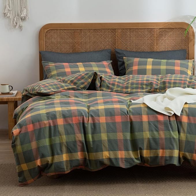 VM VOUGEMARKET Twin XL Plaid Duvet Cover Set Orange Grey Green Gingham Bedding Set Soft Washed Cotton Reversible Modern Cozy Duvet Cover with 2 Pillowcases for Teen Boys- 68x90 Inch