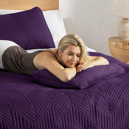 Exclusivo Mezcla Ultrasonic Full Queen Quilt Bedding Set, Lightweight Deep Purple Bedspreads Soft Modern Geometric Coverlet Set for All Seasons (1 Quilt and 2 Pillow Shams)