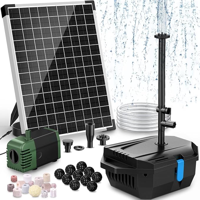 20W Solar Pond Filter with Fountain Pump, Solar Pond Pump and Filter Kit for Outdoor Pond Filter Box with Bio Media for Water Gardens, Ponds Up to 280 Gallons P3202