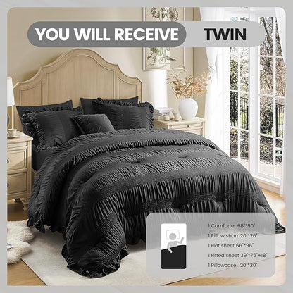 QUIETSEA Twin Comforter Set Seersucker 5 Pieces Luxury Ruffle Bed in a Bag Twin Size for All Season Black Bedding Set with Comforter, Pillowcase, Flat Sheet, Fitted Sheet and Pillow Sham