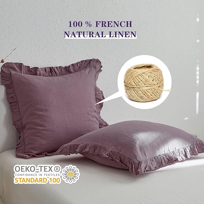 Simple&Opulence 100% Linen Euro Sham Covers with Ruffle, 26x26 Inch Pillow Covers Set of 2, Euro Pillow Shams for Bed Couch French Home Decor Luxury and Breathable Square Pillow Cases, Purple