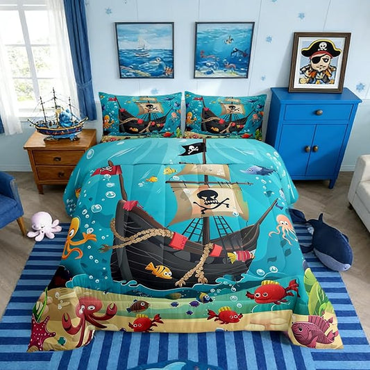 Castle Fairy Cartoon Pirate Ship Comforter Set King Size for Kids Marine Adventure Bedding Sets All Season Underwater Fish Quilt Set Bedroom Decor Cute Octopus Jellyfish Down Comforter,3Pcs