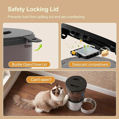 Automatic Cat Feeders, 4L Timed Cat Dry Food Dispenser Auto Pet Feeder Portion Control up to 9 Meals/Day for Cats and Small Dogs Dual Power Supply, with Stainless Bowl Fresh Food, Easy Clean