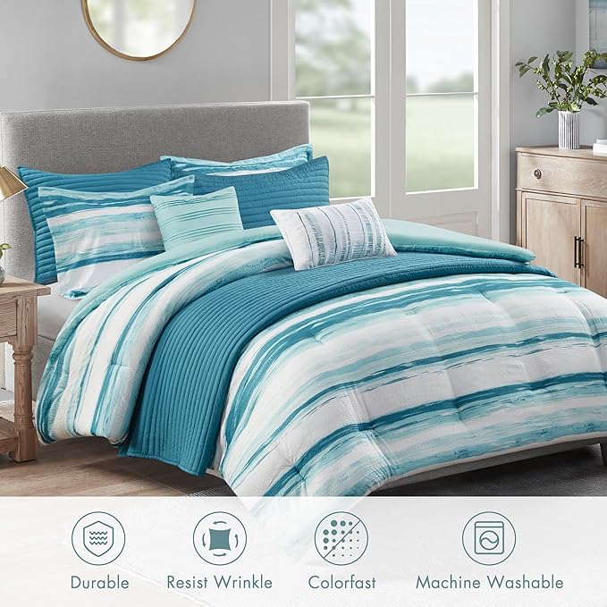 Madison Park Marina Comforter Quilt Combo Set - Modern Luxury Design, All Season Down Alternative Bedding, Matching Shams, Decorative Pillows, King/Cal King(104"x92"), Aqua 8 Piece