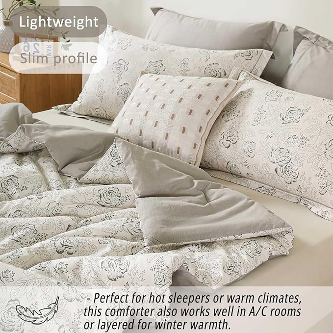 Vintage Botanical Cotton Comforter King Size 3PC - Elegant Floral Sketch on Ivory White with Tan Herringbone Reverse – Reversible Lightweight Comforter Set with Soft Fill(104"×90")