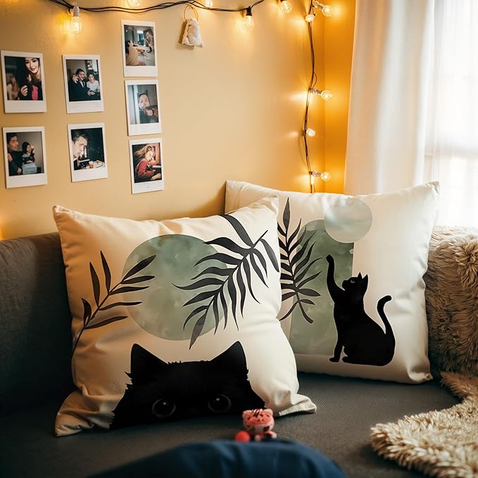 Sage Green Cat Throw Pillow Covers 18x18 Set of 2, for Cat Lovers,Boho Black Cat Pillowcases, Aesthetic Green and Black Decor for Dorm Bedroom Office