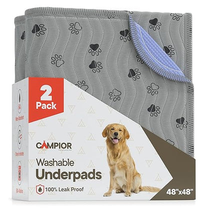 Washable Underpads 48"x48" ( Pack of 2) – Reusable Waterproof Bed Pads for Pets, Kids & Elderly, Extra Heavy Absorbent Incontinence Training & Bedwetting Pads, Non-Slip TPU Backing, Grey & Blue