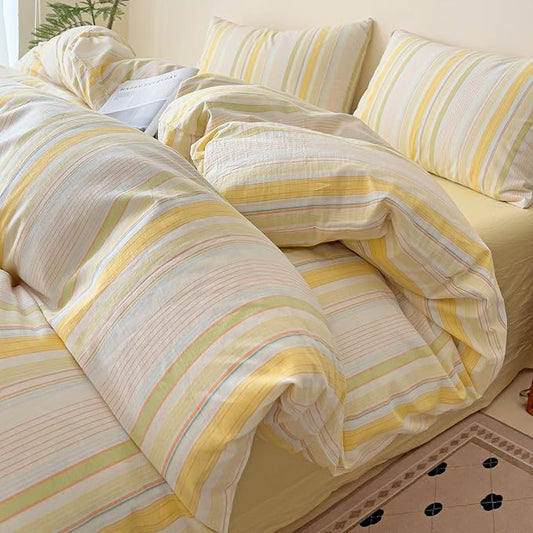 VM VOUGEMARKET Yellow Striped Duvet Cover Set Queen 100% Washed Cotton Bedding Set 3 Piece Colorful Pinstripes Comforter/Quilt Cover with Zipper Closure Corner Ties,Modern Cozy for Girls