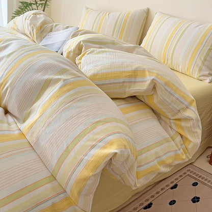 VM VOUGEMARKET 3 Pieces Striped Duvet Cover Set King 100% Washed Cotton Linen Like Textured Breathable Durable Soft Comfy Bedding Set (Yellow Stripes, King 104"x90")