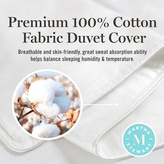 Martha Stewart Goose Feather Down Fiber Cotton Comforter Queen Size, Feather Duvet Insert Queen, Hotel Collection Hypoallergenic Comforter 50oz Light Warmth 90 x 90 Inch White