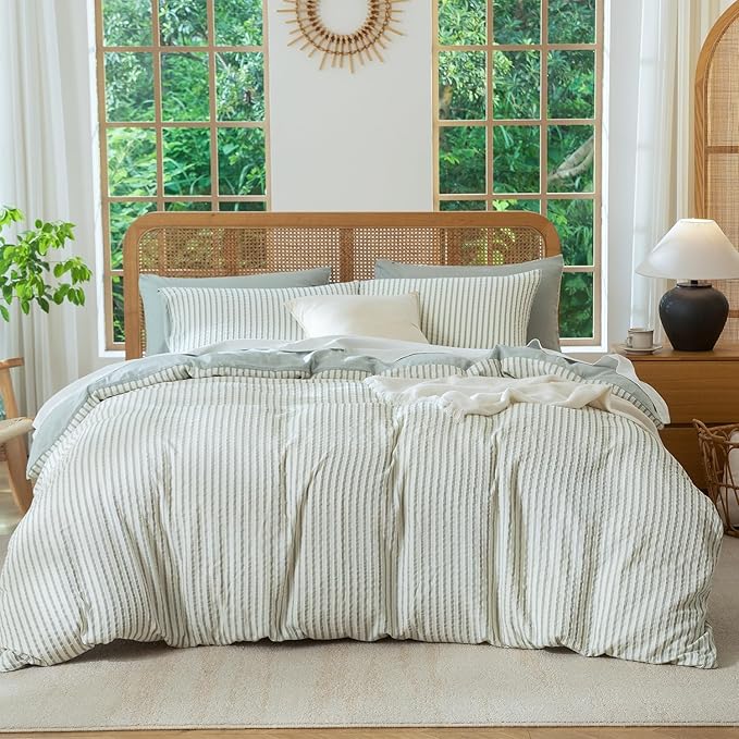 King Size Comforter Set Striped Soft Luxury Washed Microfiber Jacquard 3 Pieces Bedding, Grayish Green Vertical Ticking Stripes Pattern Comforter with 2 Pillowcases Breathable Durable Comfy