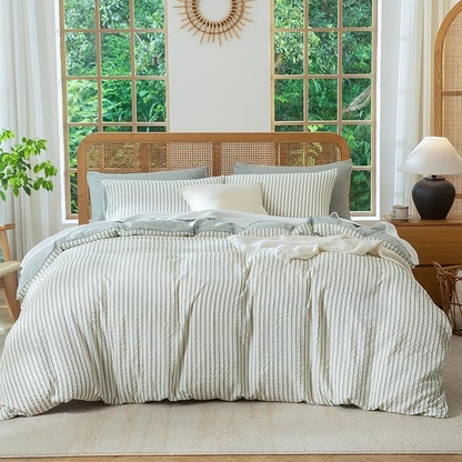 King Size Comforter Set Striped Soft Luxury Washed Microfiber Jacquard 3 Pieces Bedding, Grayish Green Vertical Ticking Stripes Pattern Comforter with 2 Pillowcases Breathable Durable Comfy